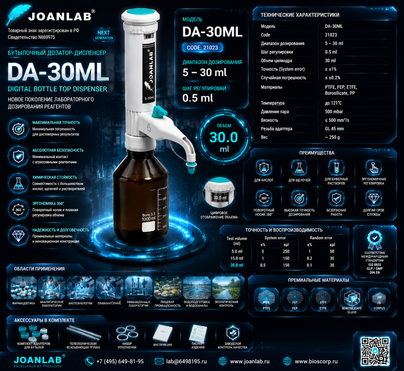 Дозатор диспенсер бутылочный 5-30 мл DA-30ML simplex Joanlab